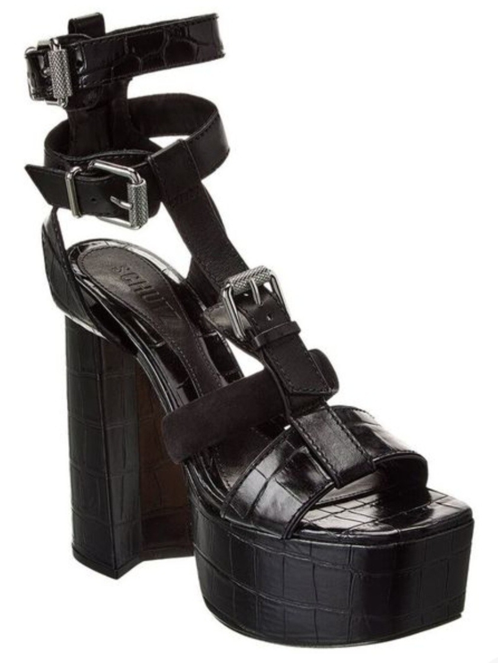 SCHUTZ Black Croc-Textured Platform Buckle Sandals